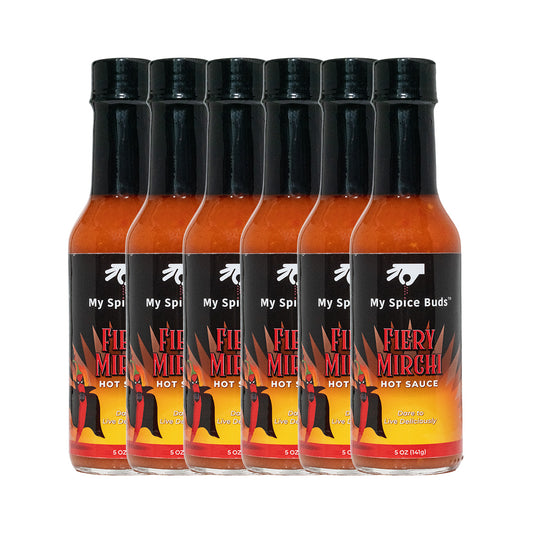 eight bottles of My Spice Buds Fiery Mirchi Hot Sauce on a white background