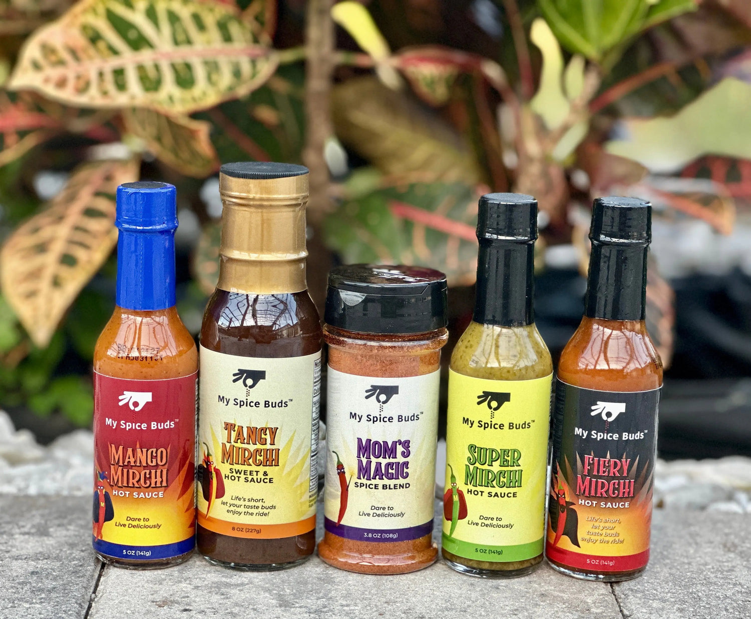 Five bottles of 'My Spice Buds' products with colorful labels.