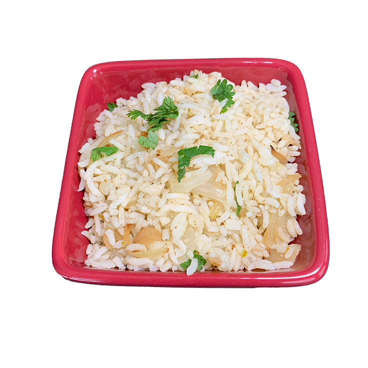 Buttery Mirchi Rice with caramelized onions and Super Mirchi Hot Sauce served in a bowl