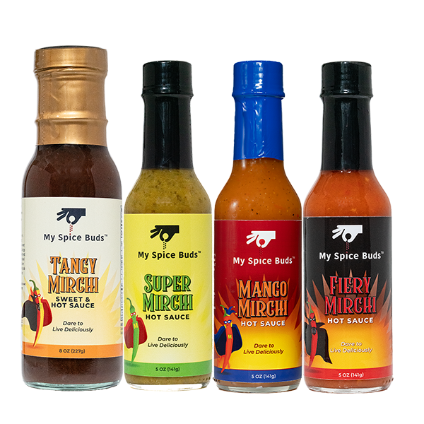Four bottles of 'My Spice Buds' hot sauces with colorful labels on a white background