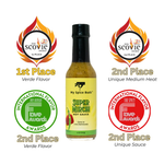 Hot sauce bottle with awards, scovie awards, international flavor awards 13