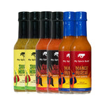 Five bottles of 'My Spice Buds' hot sauce with colorful labels on a white background 1