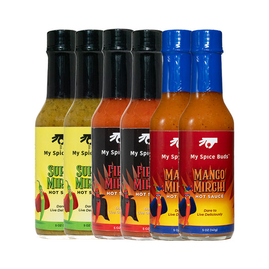 Five bottles of 'My Spice Buds' hot sauce with colorful labels on a white background