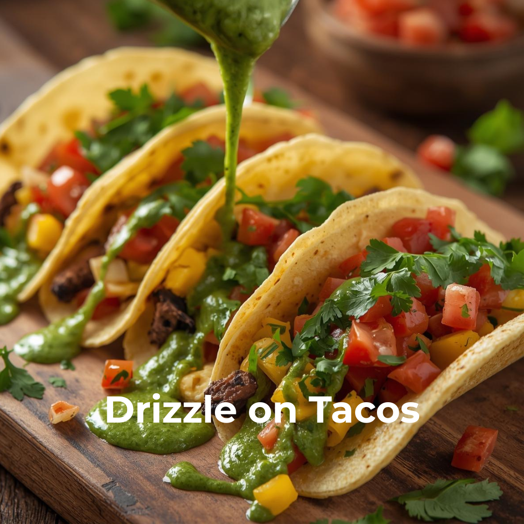 Tacos with green sauce being drizzled over them on a wooden board.