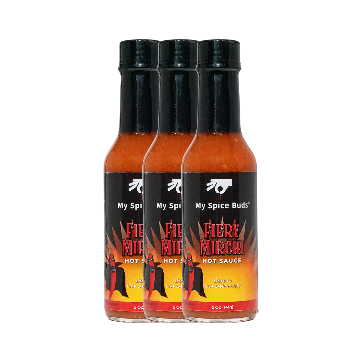 Three bottles of My Spice Buds Fiery Mirchi Hot Sauce on a white background