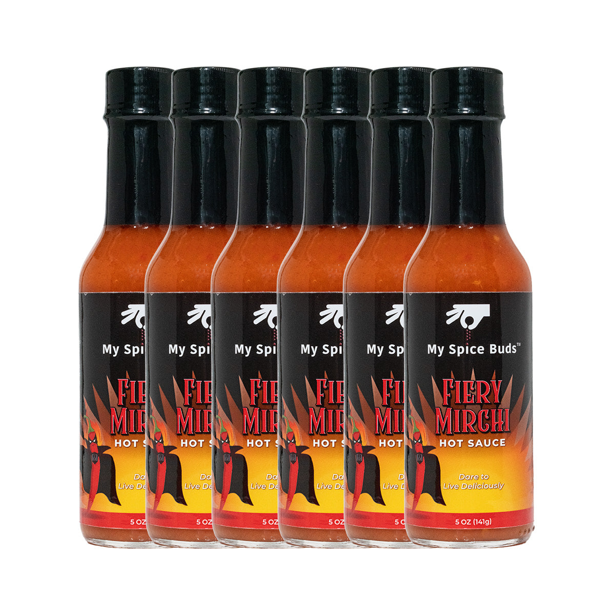  eight bottles of My Spice Buds Fiery Mirchi Hot Sauce on a white background