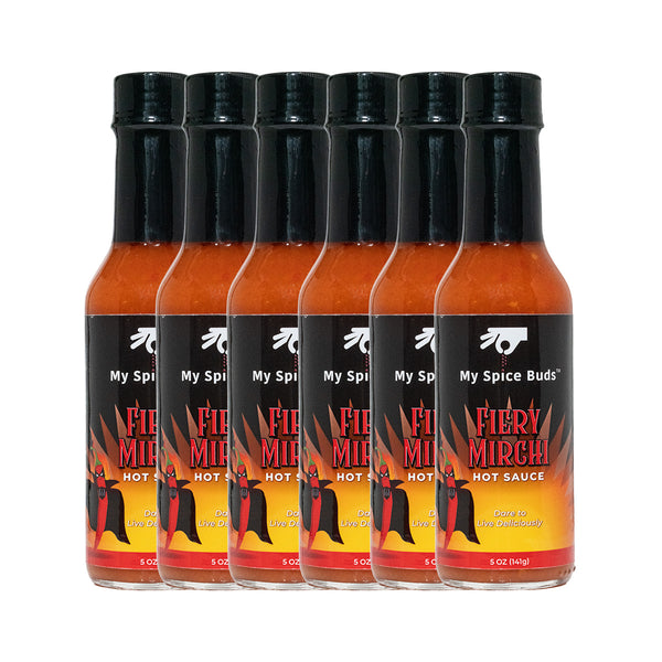  eight bottles of My Spice Buds Fiery Mirchi Hot Sauce on a white background