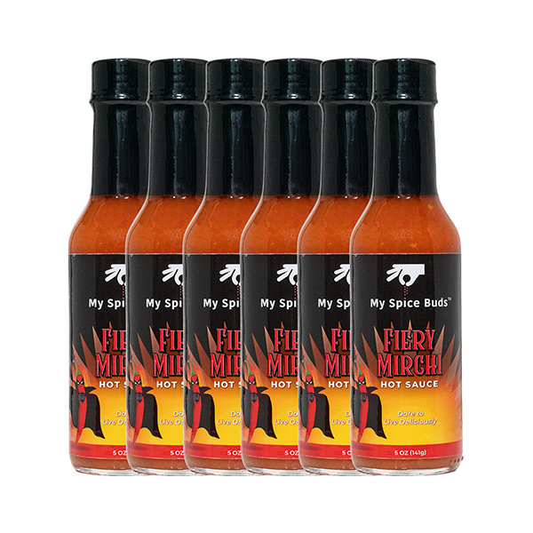 Pack of My Spice Buds Fiery Mirchi hot sauce bottles on a white background