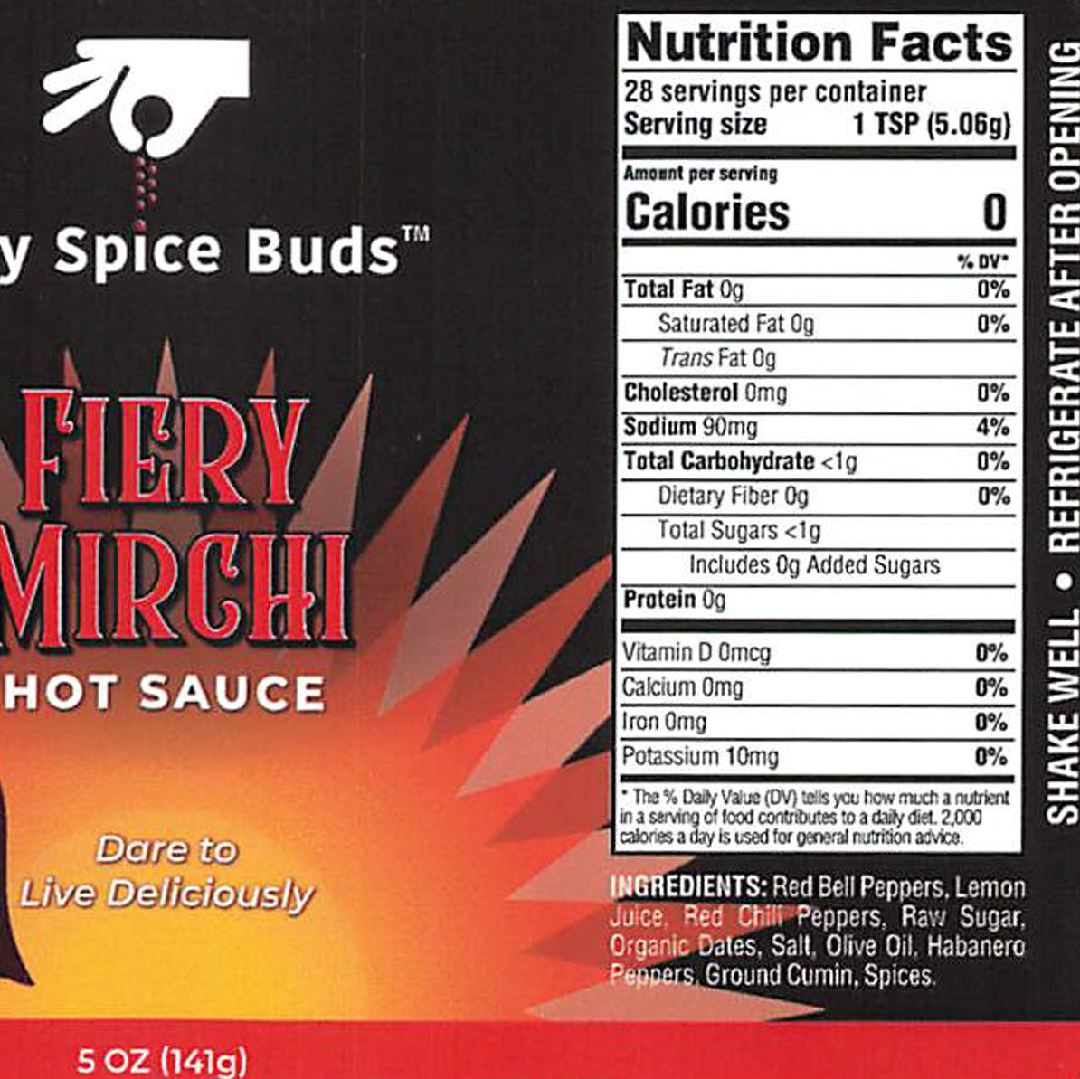 Label of Fiery Mirchi hot sauce with nutrition facts and ingredients listed.