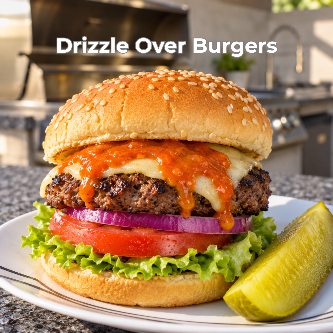 A close-up of a gourmet burger on a white plate, featuring a sesame seed bun, melted cheese, orange drizzle sauce, grilled beef patty, red onion, tomato, lettuce, and a pickle spear. The text 'Drizzle Over Burgers' is displayed at the top against an outdoor kitchen background.
