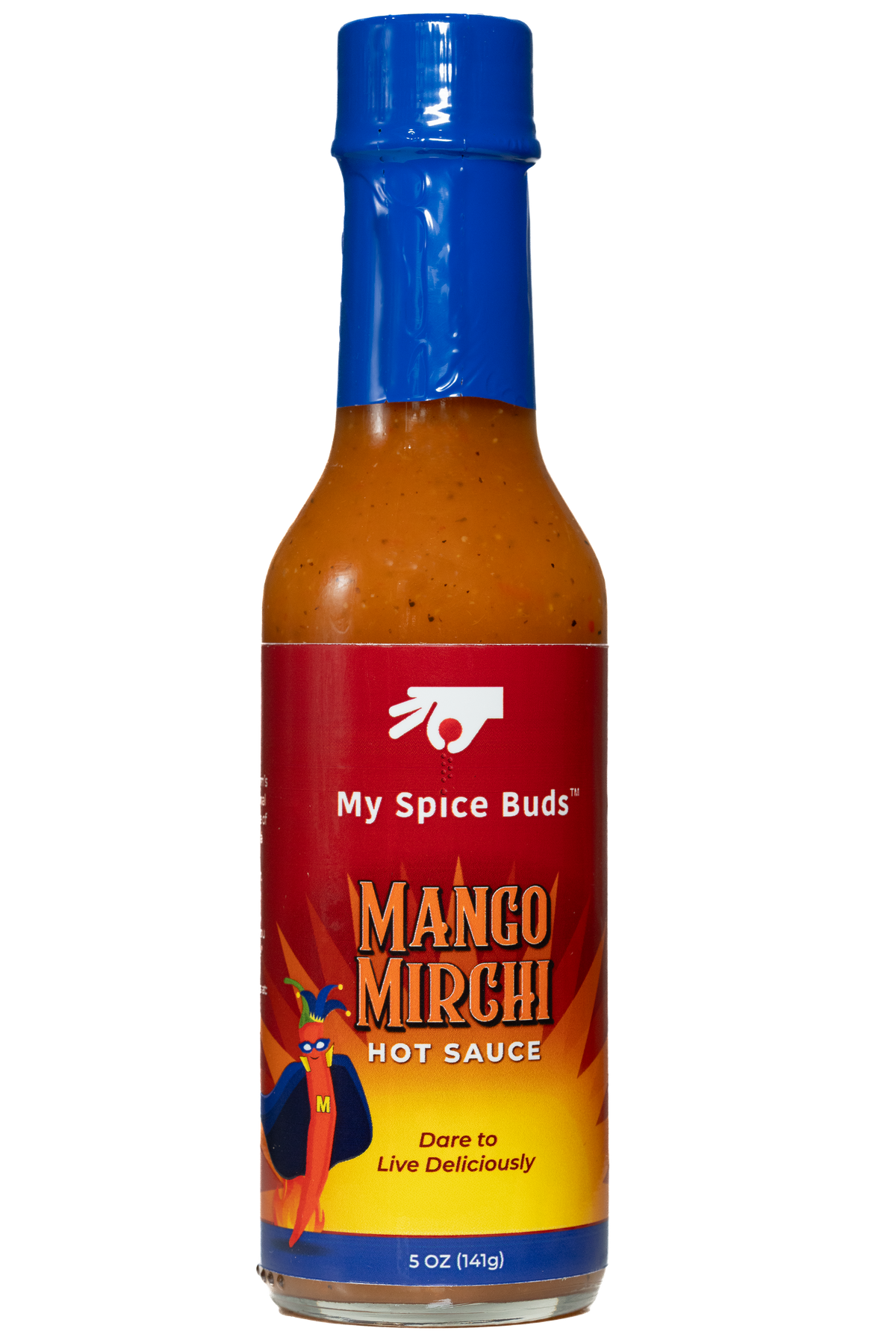 Bottle of My Spice Buds Mango Mirchi hot sauce with a blue cap on a white background