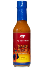 Bottle of My Spice Buds Mango Mirchi hot sauce with a blue cap on a white background 26