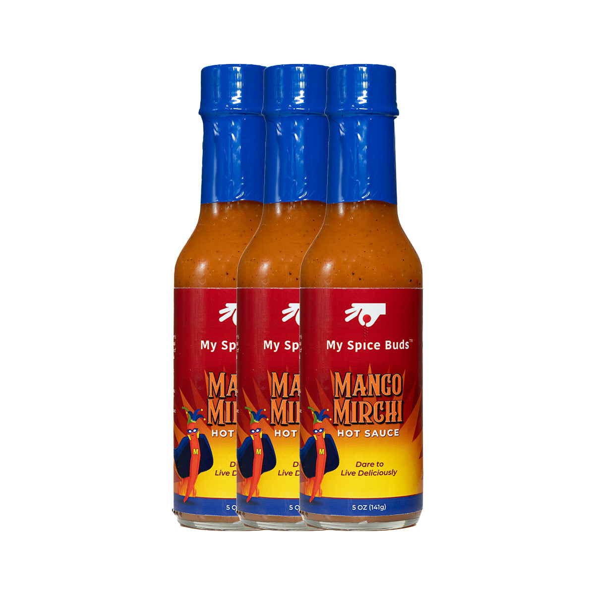 Three bottles of My Spice Buds Mango Mirch Hot Sauce on a white background