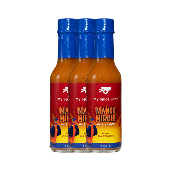 Three bottles of My Spice Buds Mango Mirch Hot Sauce on a white background