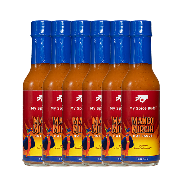 Pack of Mango Mirchi hot sauce bottles with blue caps on a white background