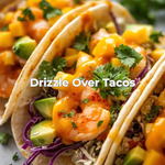 Tacos with shrimp, avocado, and other toppings on a plate. 7