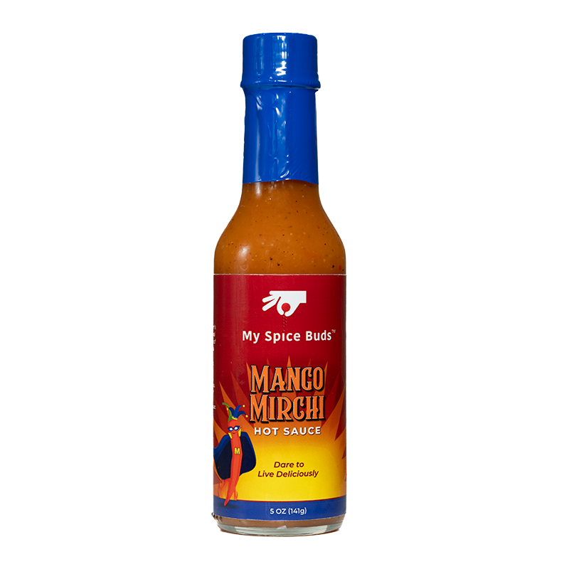 Bottle of My Spice Buds Mango Mirchi hot sauce on a white background