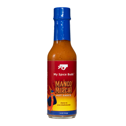 Bottle of My Spice Buds Mango Mirchi hot sauce on a white background