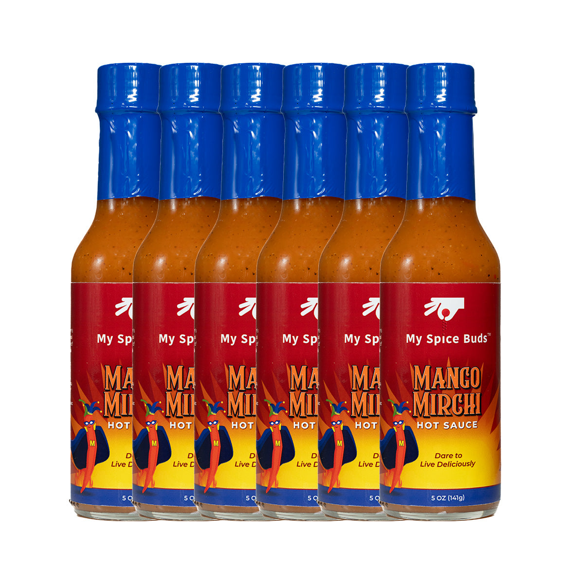 Pack of My Spice Buds Mango Mirchi hot sauce bottles with blue caps on a white background