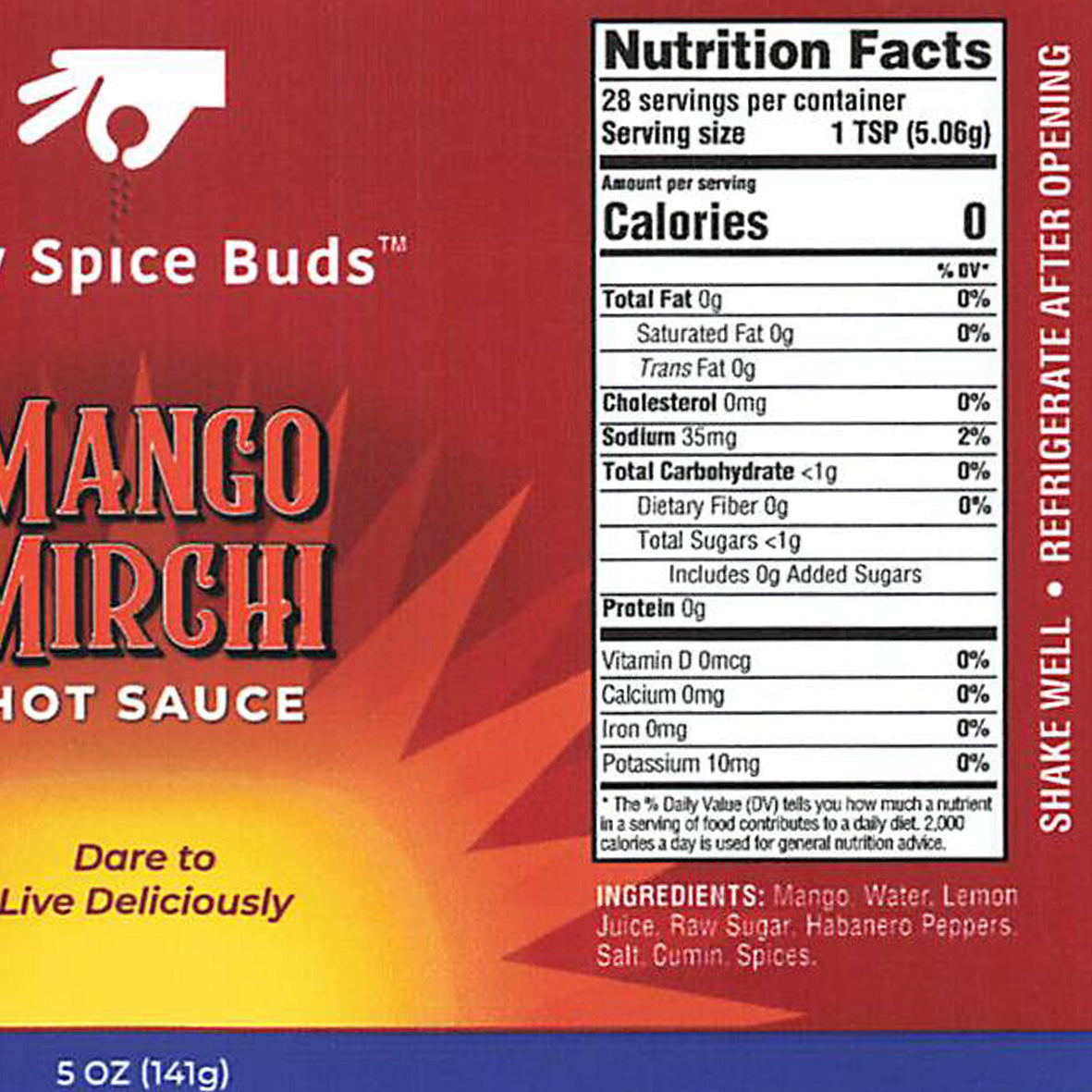 Spice Buds Mango Mirchi hot sauce label with nutrition facts and ingredients.