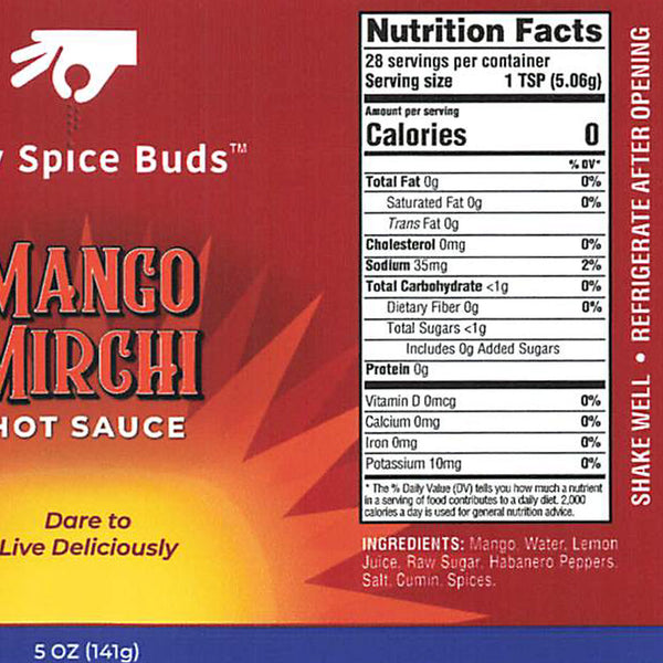 Spice Buds Mango Mirchi hot sauce label with nutrition facts and ingredients.