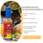 Mango Mirchi hot sauce bottle with usage tips and recipe suggestions on a white background 10