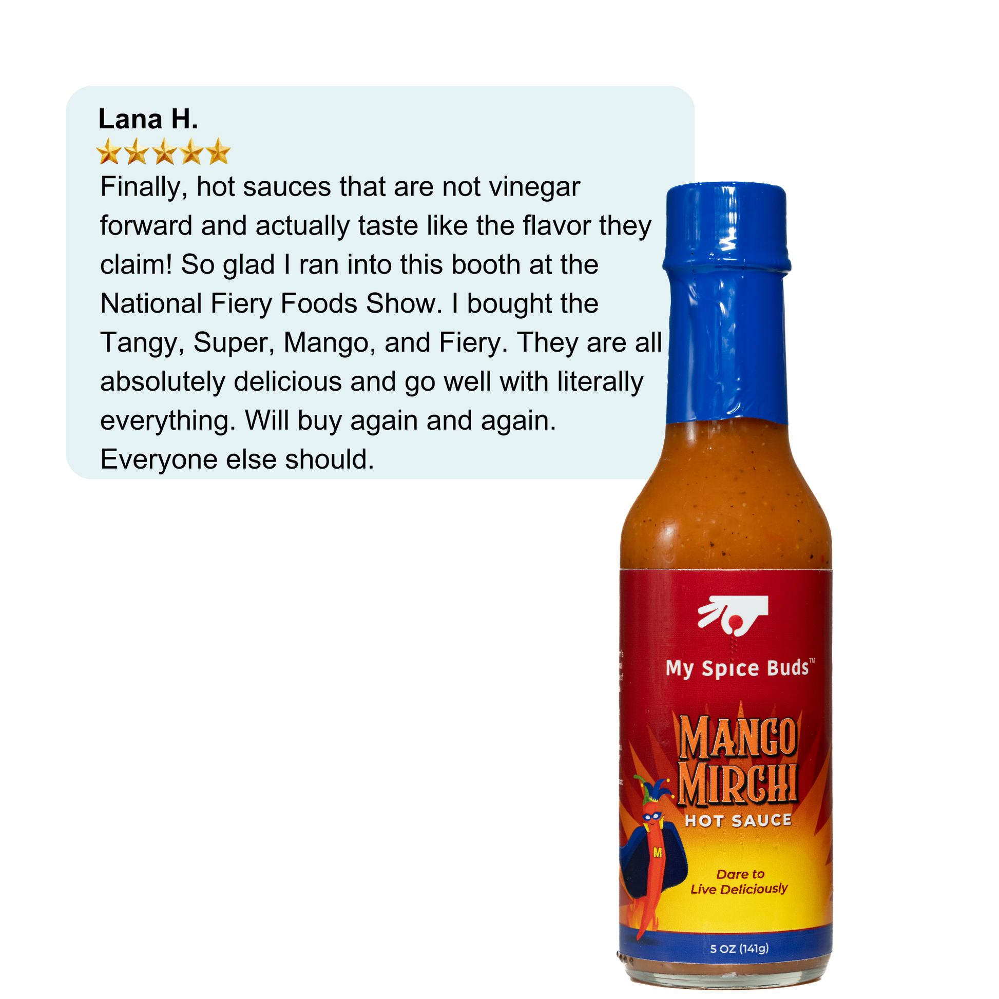 Bottle of My Spice Buds Mango Mirchi hot sauce with a five-star review on a white background