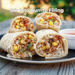 Burrito filling with rice, beans, and vegetables on a plate with text 'Stir into Burrito Filling'. 6
