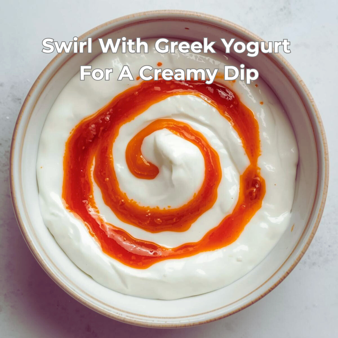 Yogurt with Mango Mirchi sauce swirl on a white plate, text overlay 'Swirl With Greek Yogurt For A Creamy Dip'.