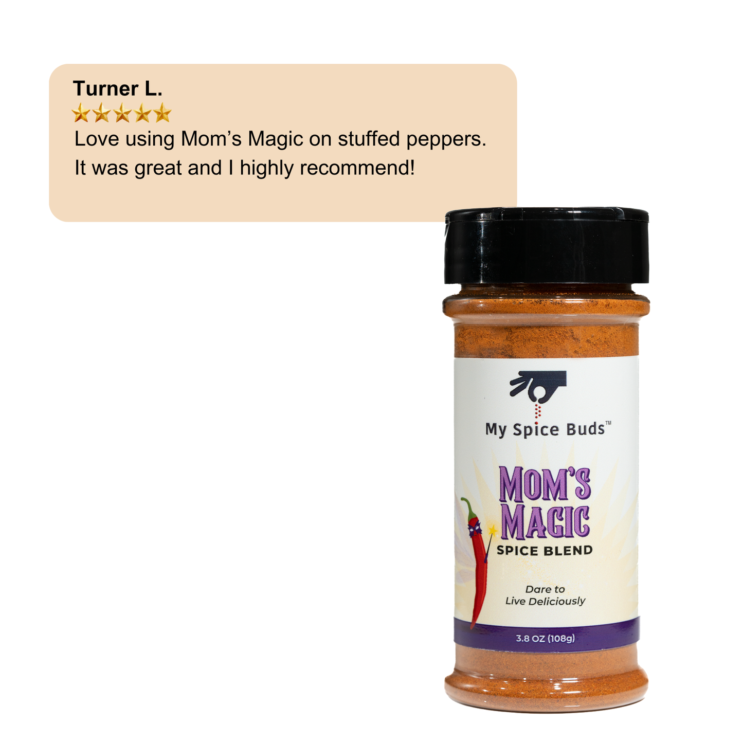 My Spice Buds Mom's Magic spice blend with a customer review 