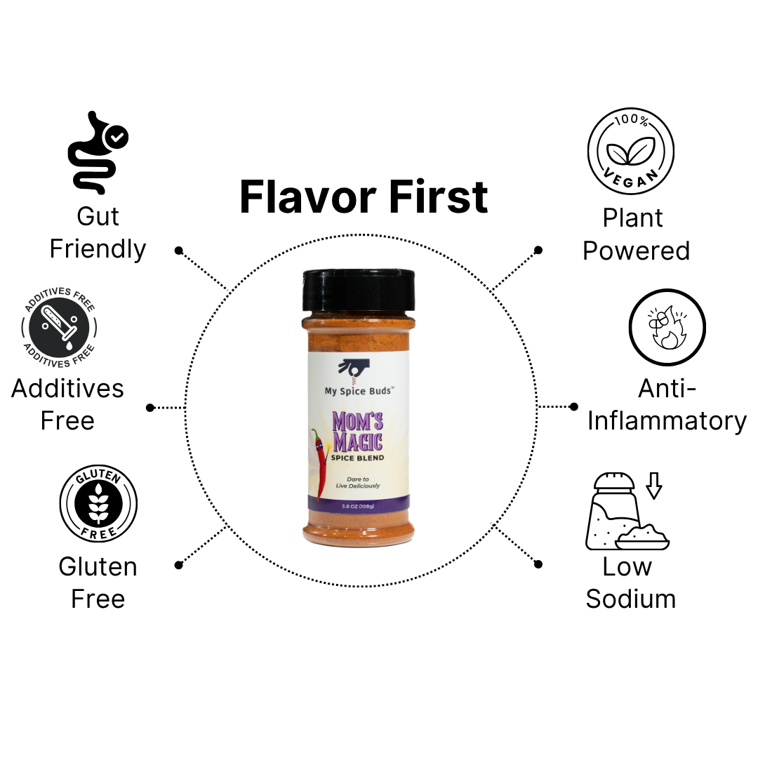 Spice jar with health benefits icons and text on a white background