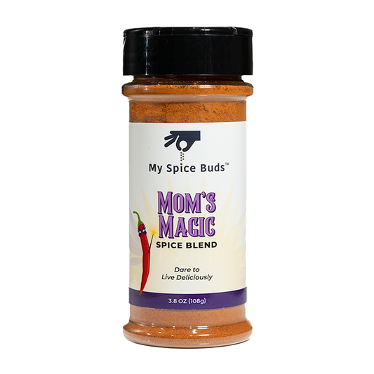 Spice blend jar labeled 'Mom's Magic' by My Spice Buds.