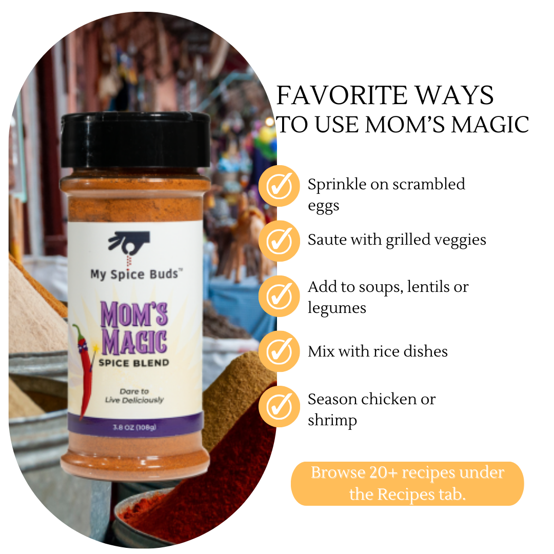 Spice blend jar labeled 'Mom's Magic' with usage instructions and recipe information.