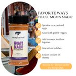 Spice blend jar labeled 'Mom's Magic' with usage instructions and recipe information. 10