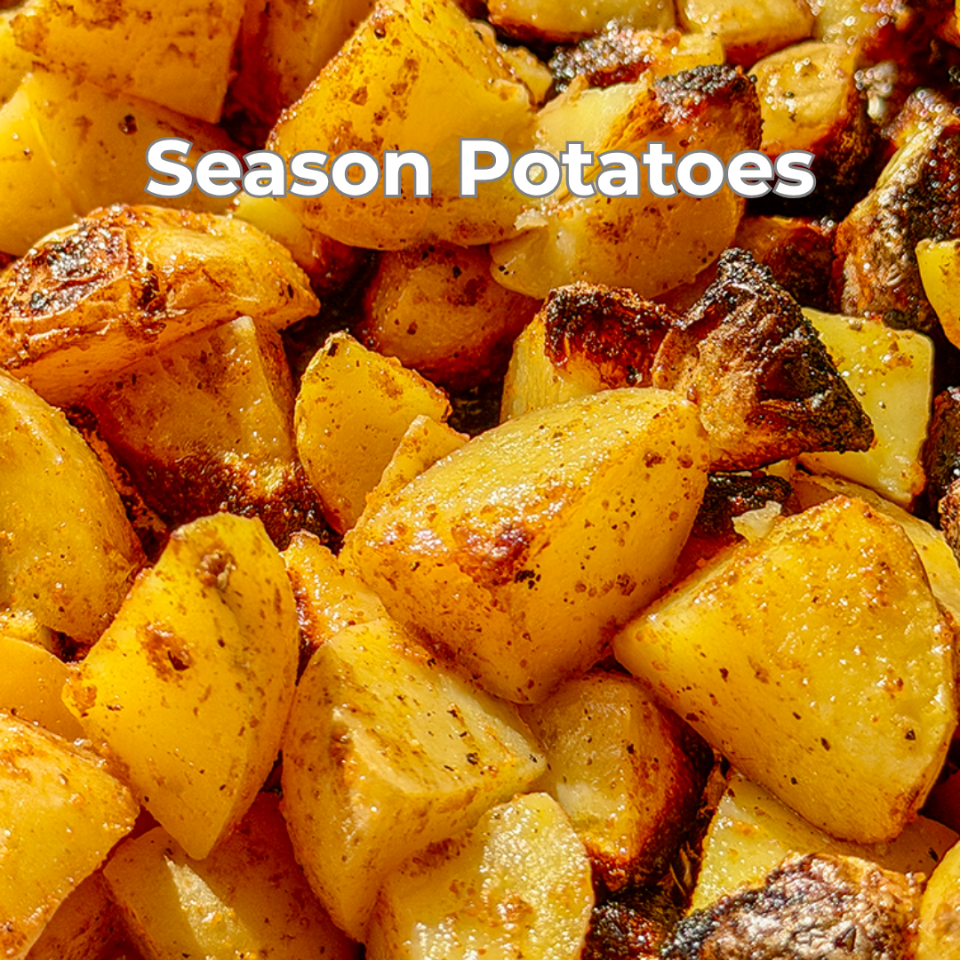 Seasoned roasted potato chunks with a golden-brown crispy exterior, overlaid with the text 'Season Potatoes'.