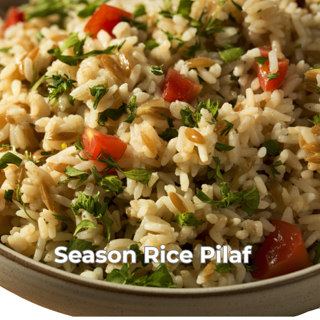 Close-up of Season Rice Pilaf with tomatoes and herbs on a white background