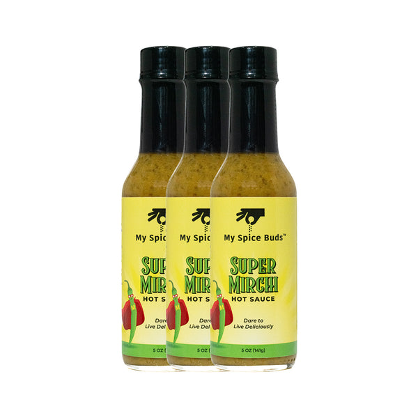 Three bottles of My Spice Buds Super Mirchi hot sauce on a white background