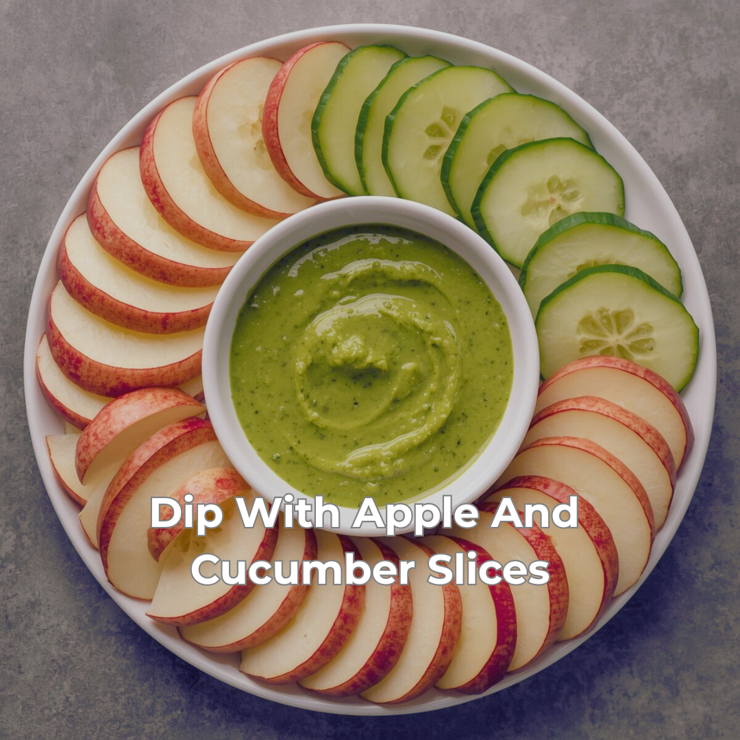 Dip with apple and cucumber slices on a white plate