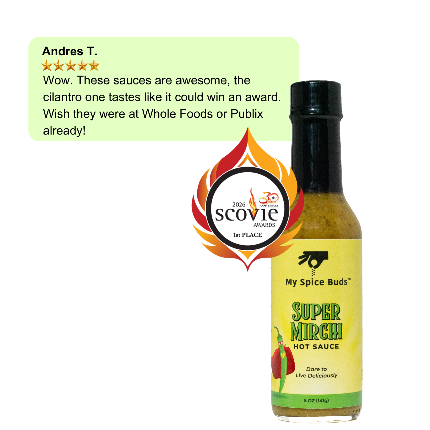 Hot sauce bottle with label and Scoville logo, featuring a customer review on a white background.
