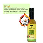 Hot sauce bottle with label and Scoville logo, featuring a customer review on a white background. 3