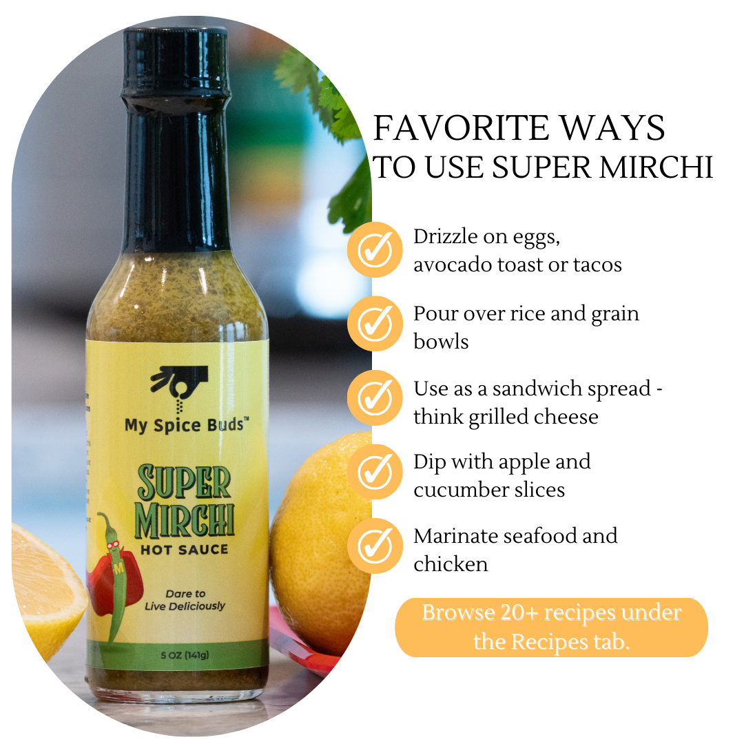 Super Mirchi hot sauce bottle with uses and recipe information on a white background