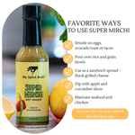 Super Mirchi hot sauce bottle with uses and recipe information on a white background 17