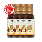 Four bottles of 'My Spice Buds' Tangy Mirchi Sweet & Hot Sauce with a gold cap on a white background. 1