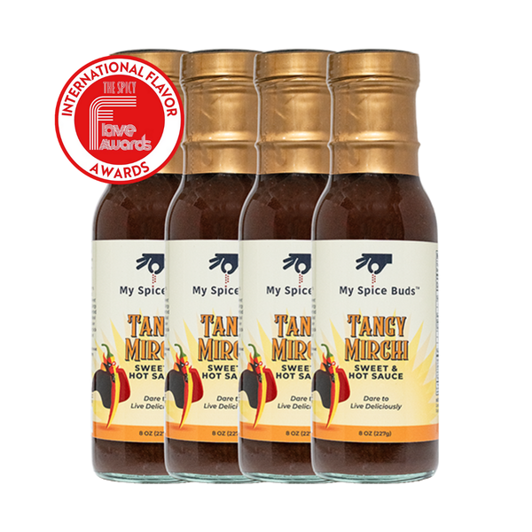 Four bottles of 'My Spice Buds' Tangy Mirchi Sweet & Hot Sauce with a gold cap on a white background.