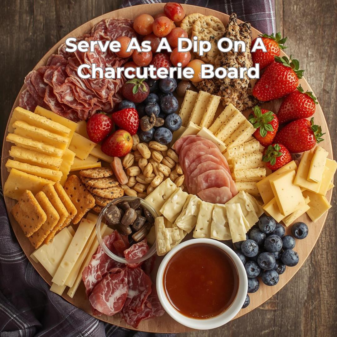 Platter of assorted cheeses, meats, fruits, and a bowl of dip on a wooden surface. A bowl of Tangy Mirchi.
