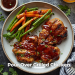 Plated grilled chicken with vegetables covered with Tangy Mirchi. 9