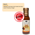 Bottle of 'My Spice Buds' Tangy Mirchi sauce with a five-star review and award winner badge. 15