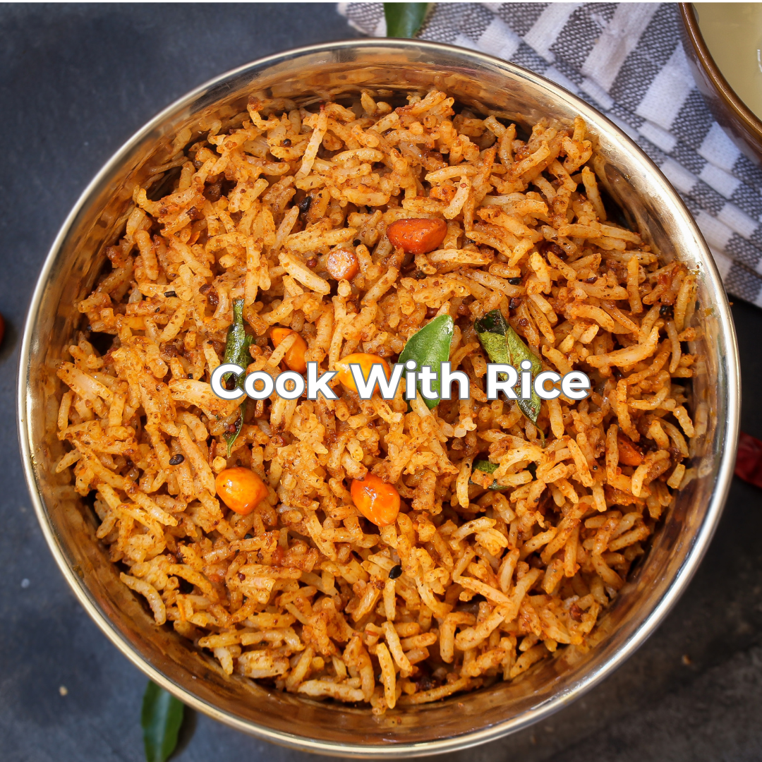 Bowl of rice with garnishes on a dark surface, featuring the text 'Cook With Rice'.