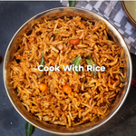 Bowl of rice with garnishes on a dark surface, featuring the text 'Cook With Rice'. 6