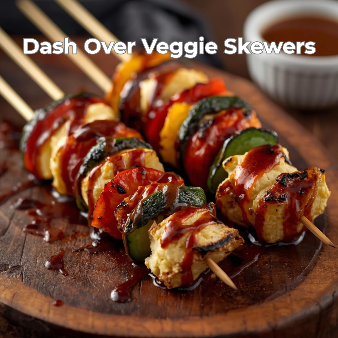 Dash Over Veggie Skewers on a wooden board with a side of dipping tangy mirchi sauce.